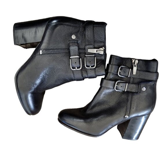 Via Spiga Womens Leather Ankle Boots 10M Zip Black Italy Buckle Moto Chic FLAWS - Picture 3 of 14